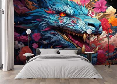 Fantastical dragon , in cartoon style, close-up, fantastic character, colorful bright background.ai generative art, Wall mural