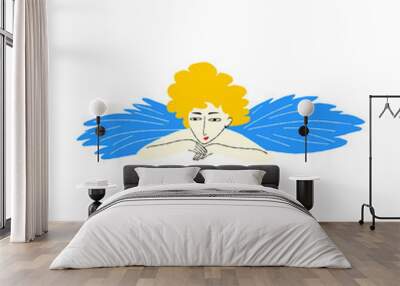 retro comic illustration of angel man with wings and lovely fac. Hand drawn cartoon character in doodle style Wall mural