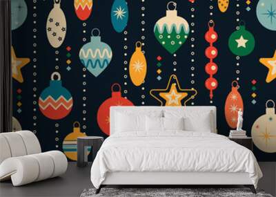 Retro vintage Christmas pattern with tree toys. Christmas seamless background Wall mural