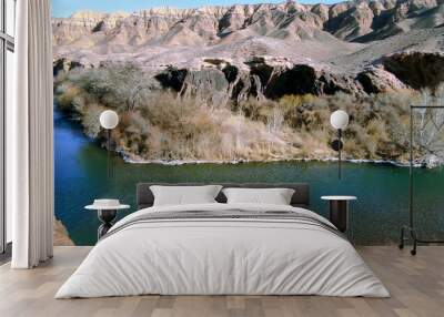 Panorama of the Charyn canyon with a clear blue mountain river running below, rocks on the front edge  Wall mural