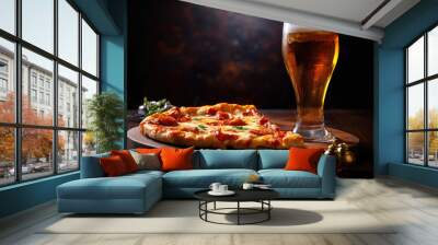 Puffy pizza and a glass of cold beer Wall mural