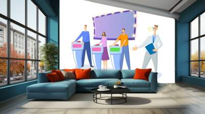 Quiz show TV-studio with host and contestants. Screen, stands and lights. Colorful flat vector illustration. Isolated on white background. Wall mural