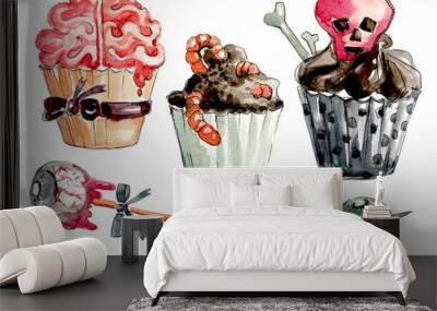 Scary food. A set of cupcakes: earth with worms and brains in cups with bows, a skull, a candy with streaks of blood and a kebab of two eyeballs. Handmade watercolor painting Wall mural