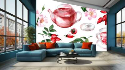 Rosehip in watercolor. Set of hand drawn illustrations with teapot, leaves and fruits isolated on white background. Roses and berries for menu design and food labels Wall mural