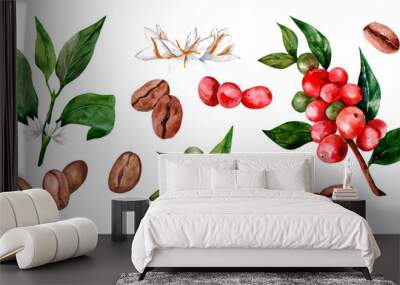 Set of red arabica coffee beans on a branch with flowers isolated, watercolor illustration on white background Wall mural