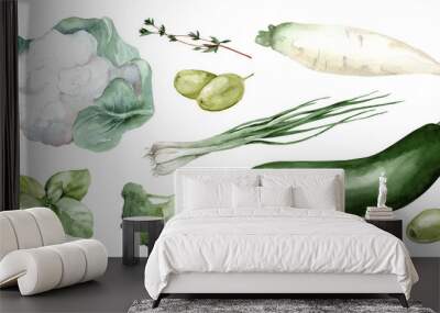 Set of watercolor illustrations of green vegetables. Collection of drawings of zucchini, broccoli and herbs isolated on white background. Vegetarian market. Menu and cafe design Wall mural