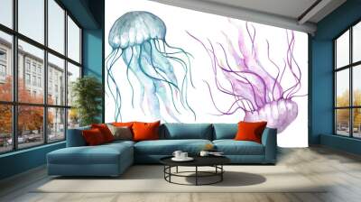 Set of watercolor illustrations of the underwater ocean world. Jellyfish isolated on white background Wall mural