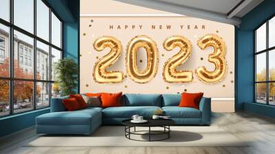 2023 golden decoration holiday on beige background. Gold foil balloons numeral 2023 with realistic festive objects,, glitter gold confetti and serpentine. Happy new year 2023 holiday.  Wall mural