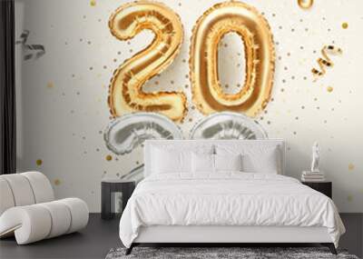 2023 golden decoration holiday on beige background. Shiny party background. Gold foil balloons numeral 2023 with realistic festive objects, glitter gold confetti and serpentine.  Wall mural