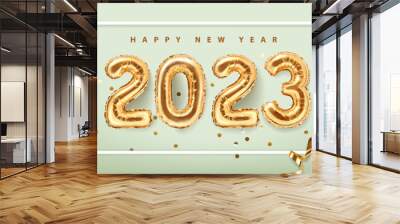 2023 golden decoration holiday on green background. Shiny party background. Gold foil balloons numeral 2023 with realistic festive objects. Happy new year 2023 holiday. Wall mural