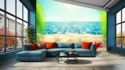 Beautiful tropical beach banner. Mockup of summer landscape with coco palms on blur defocused blue sea or ocean background. Summer vacation concept Wall mural