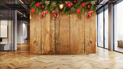 Christmas wooden banner with decoration and fir tree. View with copy space. Wall mural