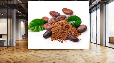 Cocoa beans with cocoa leaves and cocoa powder isolated on white Wall mural