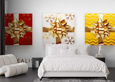 Collection of gift presents with golden foil bow. Set of 3d realistic gift boxes with pattern red, yellow, white colors. Wall mural