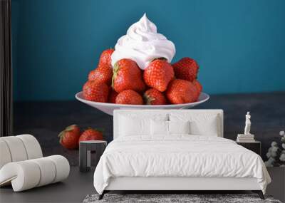 Fresh strawberries with whipped cream, frozen yogurt on a dark background Wall mural