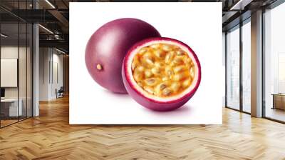 Passion fruit isolated. Whole passionfruit and a half of maracuya isolated on white background. Wall mural