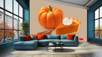 Piece of pumpkin pie with whipped cream and orange pumpkin. 3d realistic vector illustration of pumpkin pie, cinnamon sticks and anise. Wall mural