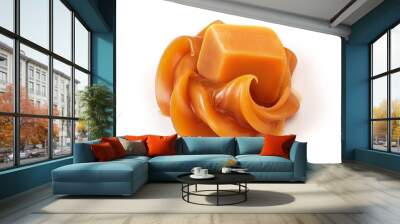 Soft caramel swirl with caramel cube isolated on white background. Caramel sauce. Wall mural