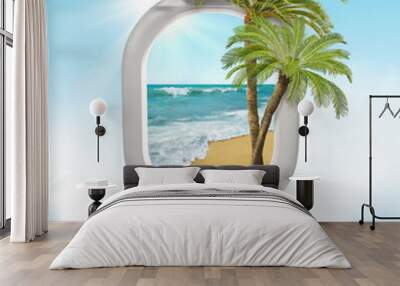 Travel concept with palms and airplane window and ocean. Wall mural