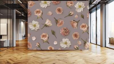 Vintage Floral pattern made of beige flowers and rosebuds. Flat lay, top view. Valentines background. Flower background. Warm pattern of flowers. Flowers pattern texture Wall mural