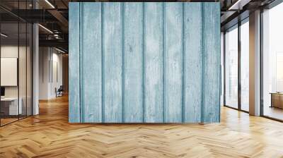 Striped grey wooden surface. Shabby light gray and blue fence with nails. Wood wall background, old planks, parquet, table. Vintage blue boards texture. Wall mural