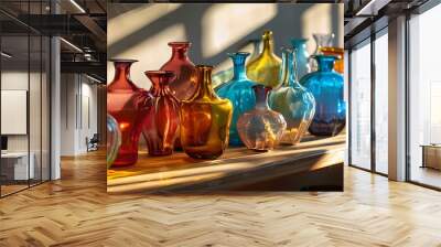 Sunlit colorful glass vases on wooden shelf - artistic home decor Wall mural