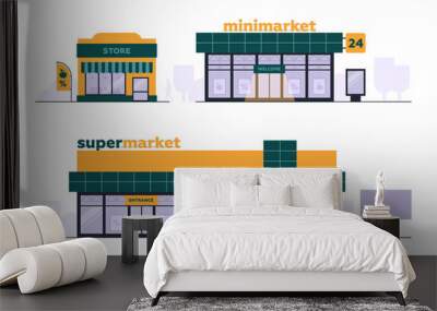 The shops. Architecture. Supermarket, mini market, convenience store. Set of commercial buildings. Vector image. Wall mural