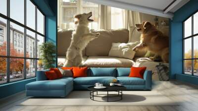 Two Happy Dogs Playing Together in a Cozy Living Room Wall mural