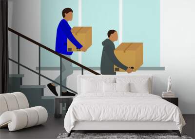 Two male characters with cardboard boxes in their hands go down the stairs Wall mural