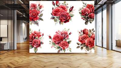 Vector flower set of red rose bouquets with flowers and leaves on a white background. Wall mural