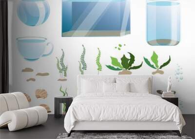 Vector set of different aquariums, underwater plants, stones, sand piles and seashells. All objects are isolated Wall mural