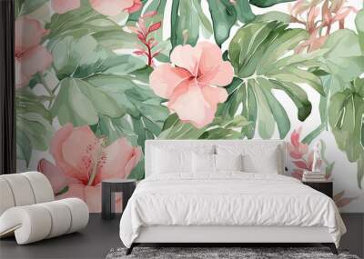 Vibrant seamless background of tropical flowers and lush green leaves Wall mural