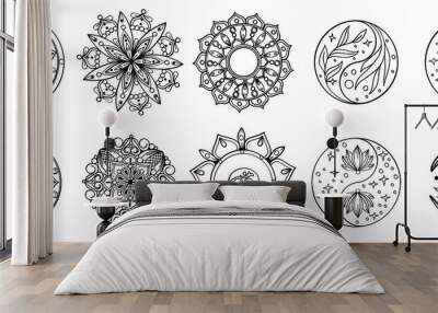 Set of hand drawing zentangle mandalas.Hand drawn mandala with moon, yin yang, om symbol in vector.  Perfect set for surface of design, textiles, posters, tattoos in indian yoga style Wall mural