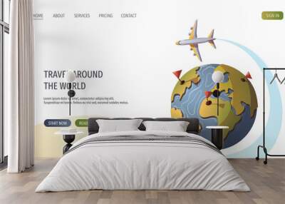 Airplan flying around the globe. Travel, tourism, adventure, journey concept. Vector illustration for banner, poster, website, advertising. Wall mural