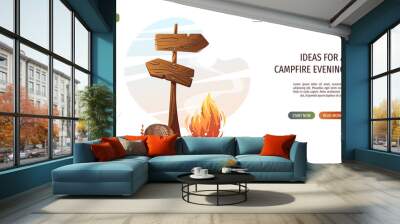 Campsite with campfire, log and guidepost. Camping, traveling, trip, hiking, camper, nature, journey concept. Vector illustration for poster, banner, website. Wall mural