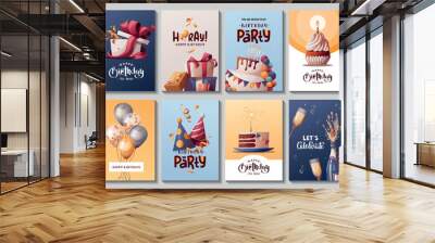 Set of Birthday cards with cake, gift boxes, balloons, champagne. Handwritten lettering. Birthday party, celebration, congratulations, invitation concept. Vector illustration. Postcard, card, cover. Wall mural