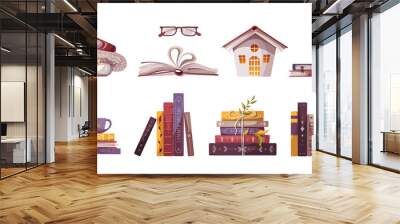 Set  of reading elements for bookstore, bookshop, library, book lover, bibliophile, education. Isolated vector illustration. Wall mural