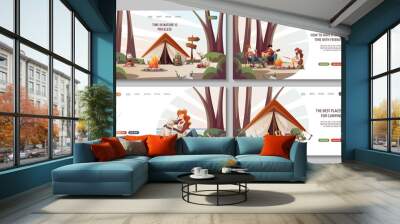 Set of web pages with people sitting in the campsite in nature. Summertime camping, traveling, trip, hiking, camper, nature, journey concept. Vector illustration for poster, banner, website. Wall mural