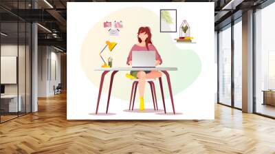 Woman working or learning at home at the table. Freelance, work at home, online job, home office, e-learning concept. Isolated vector illustration for poster, banner, advertising. Wall mural