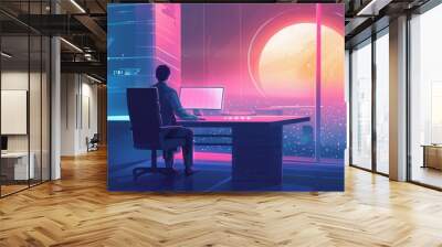 A man sitting at a desk in front of a computer Wall mural