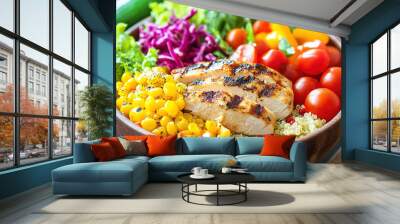 A vibrant grilled chicken bowl featuring quinoa, fresh vegetables, and colorful toppings. Ideal for health-conscious buyers seeking nutritious meal ideas. Wall mural