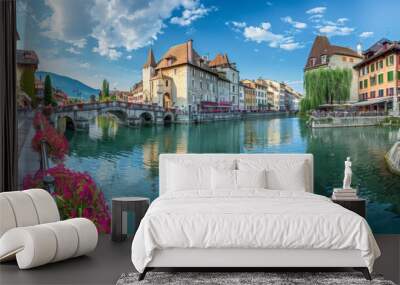 Canals with flowers and cafes in Annecy, France Wall mural