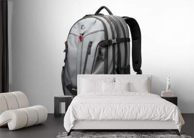 A gray backpack with a single black strap hanging in a mysterious setting Wall mural