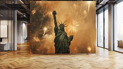 fireworks explode over the statue of liberty Wall mural