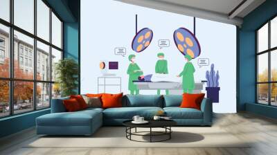 Male surgeon and nurse performing an operation in surgery activity in a hospital. Vector concept illustration of doctor under the lights anesthetized on the operating table in surgery room interior Wall mural