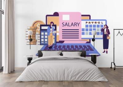 Salary payroll system, online income calculate and automatic payment, office accounting administrative or calendar pay date, employee wages concept, businessman standing with online payroll computer. Wall mural