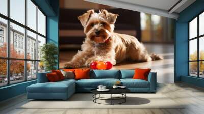 small dog laying on floor next to toy Wall mural