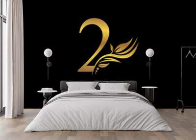 Gold number 2 logo vector design with leaf decoration. monogram number 2, number typography. feather logo. number 2 luxury. anniversary 2 Wall mural