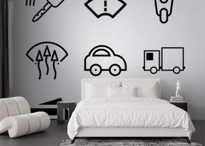 Simple 9 icon set of transport related cargo truck facing left, plane ticket, car key and windscreen vector icons. Collection Illustration Wall mural