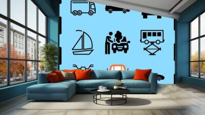 Simple 9 icon set of travel related repairing bus, jeep front, auto ricksaw and big cargo truck vector icons. Collection Illustration Wall mural